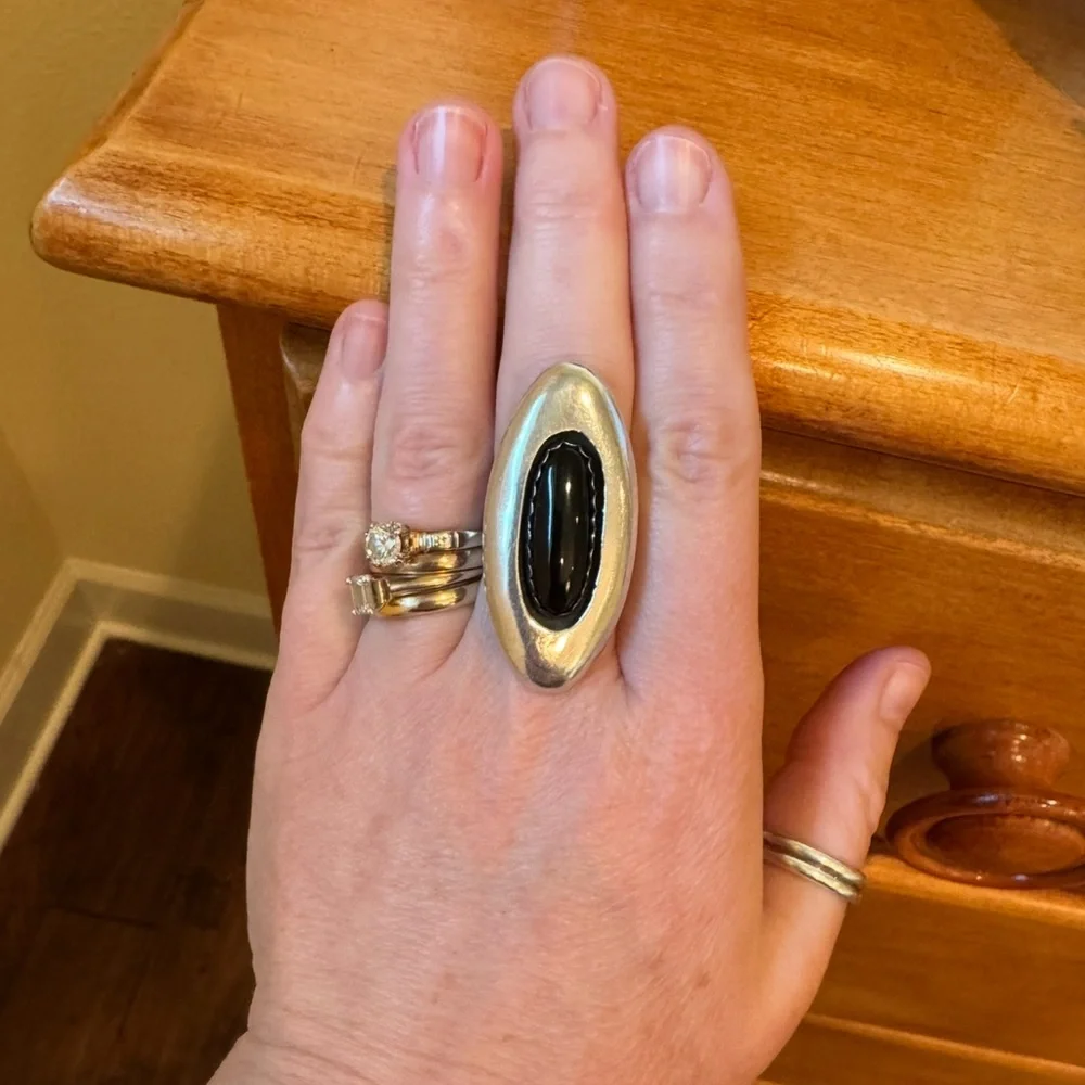 Navajo Jimmy Patterson Sterling Silver Onyx Cabochon Ring, Size 8